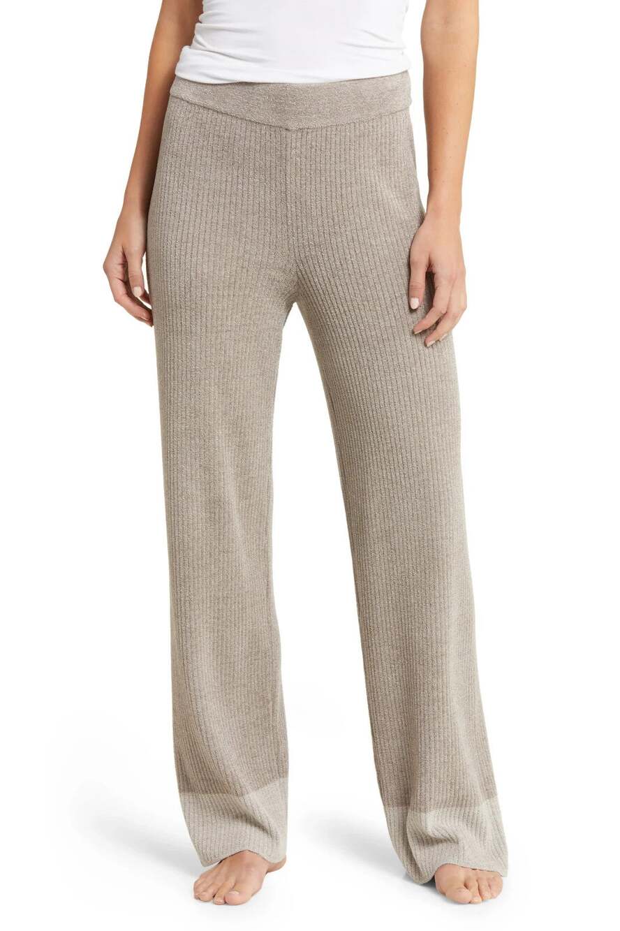 Barefoot Dreams CozyChic Ultra Lite Knit Pants Sz S Light Brown Ribbed Wide Leg